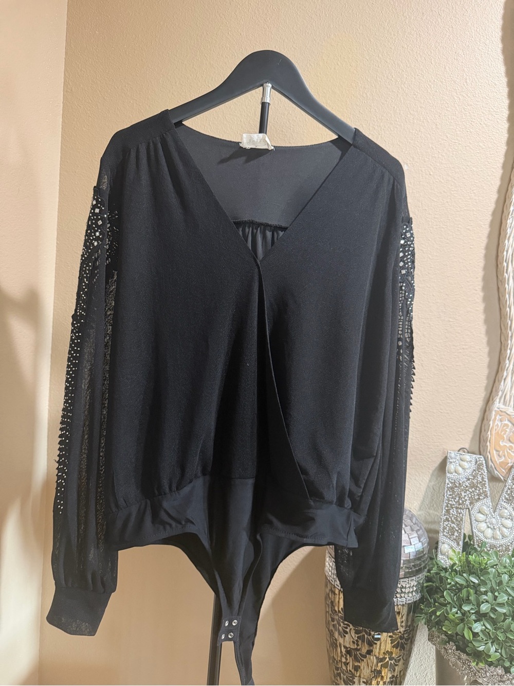Black V-Neck Sheer Sleeve Bodysuit